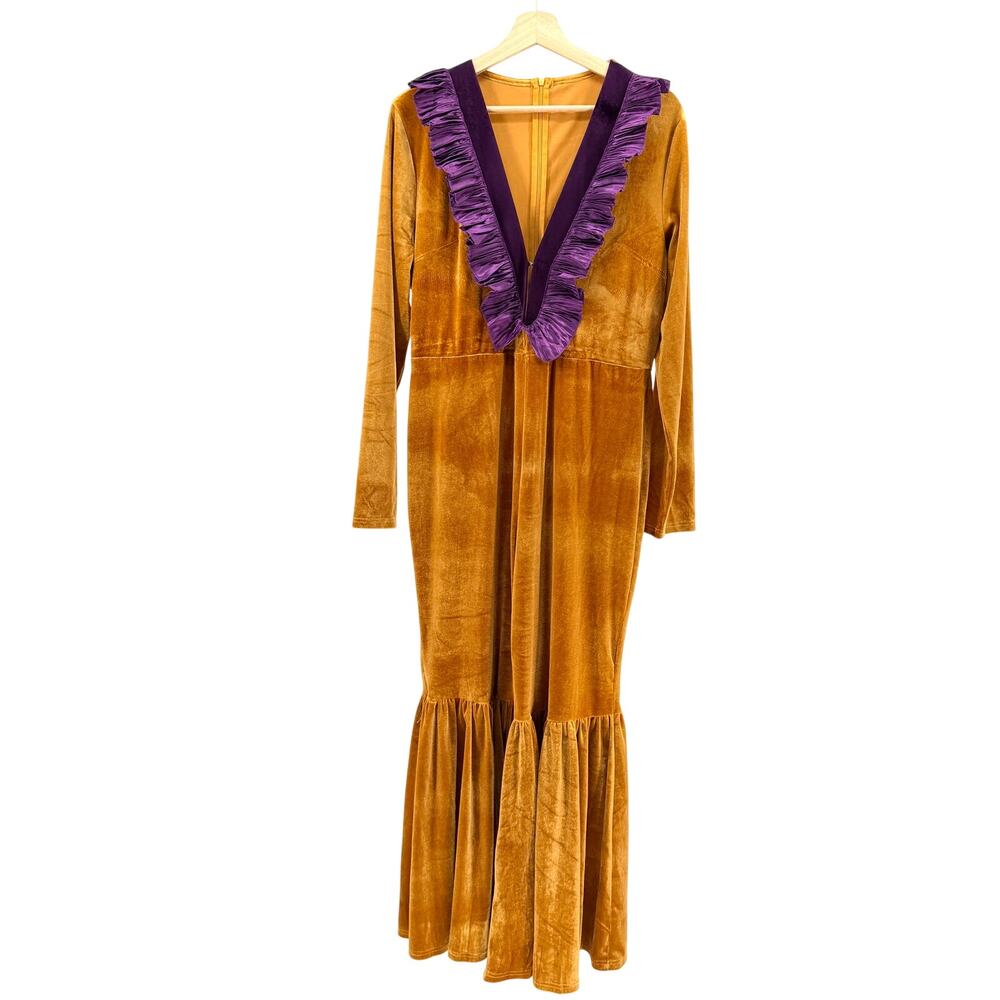 Gold Velvet Purple Ruffle Deep V-Neck Mermaid Jumpsuit
